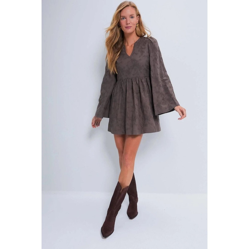 Hyacinth House Becca‎ Embroidered Textured Bell Sleeve Mini Dress Brown NWT Lrg